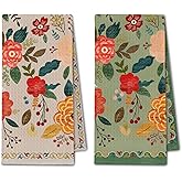 ChissNook Vintage Boho Floral Kitchen Towels, Retro Colorful Flower Dish Tea Towels Drying Cloth for Kitchen, Boho Wildflower Green and Beige Decorative Hand Towels for Bathroom, 16x24 Inch Set of 2