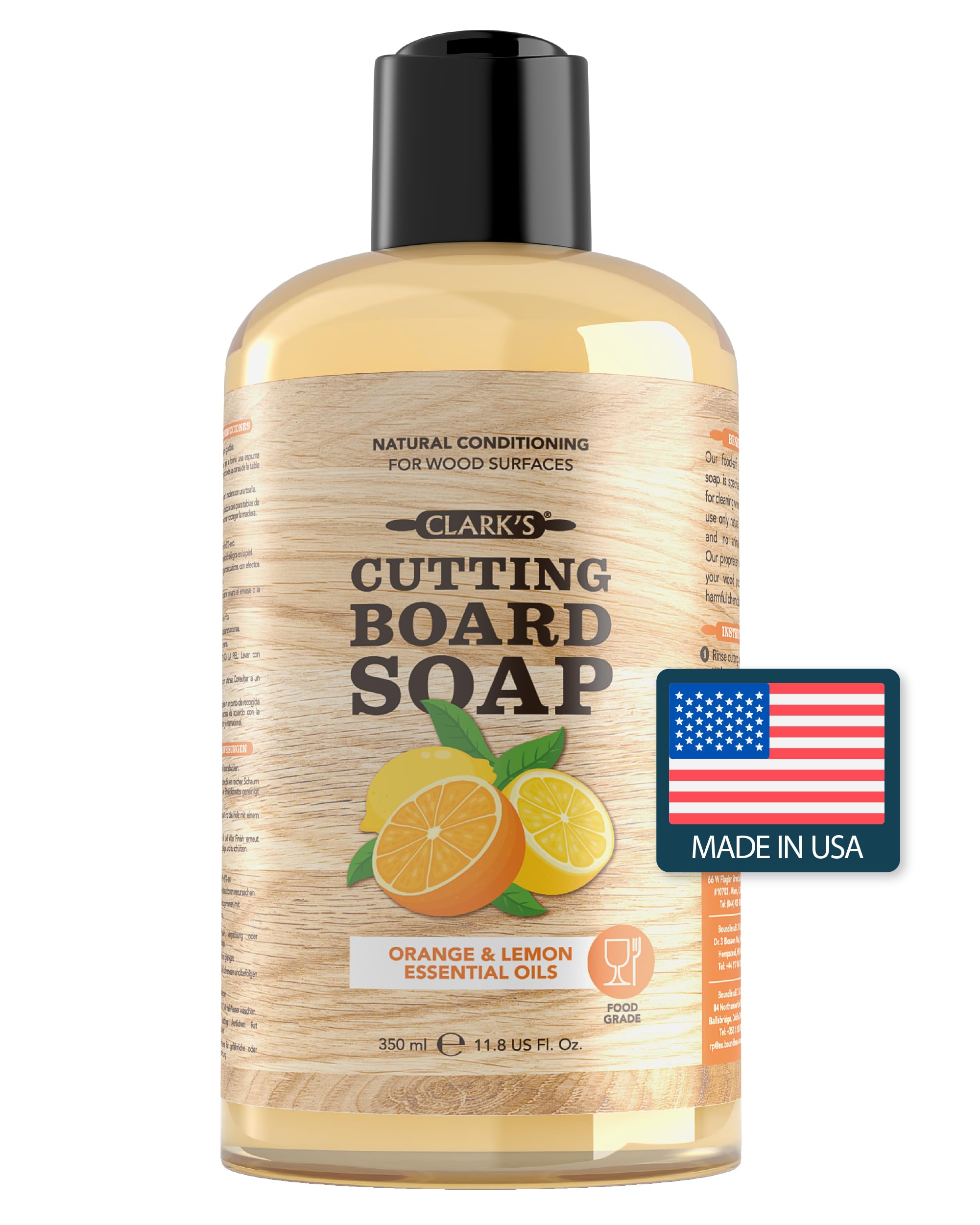 CLARK'S Chopping Board Soap - Castile Based - Infused With Lemon And Orange Oils - Organic & Natural Cleaner - Chopping Board Cleaner - Cute Chopping Board - Butcher Blocks Cleaner - 355ml - Food Safe