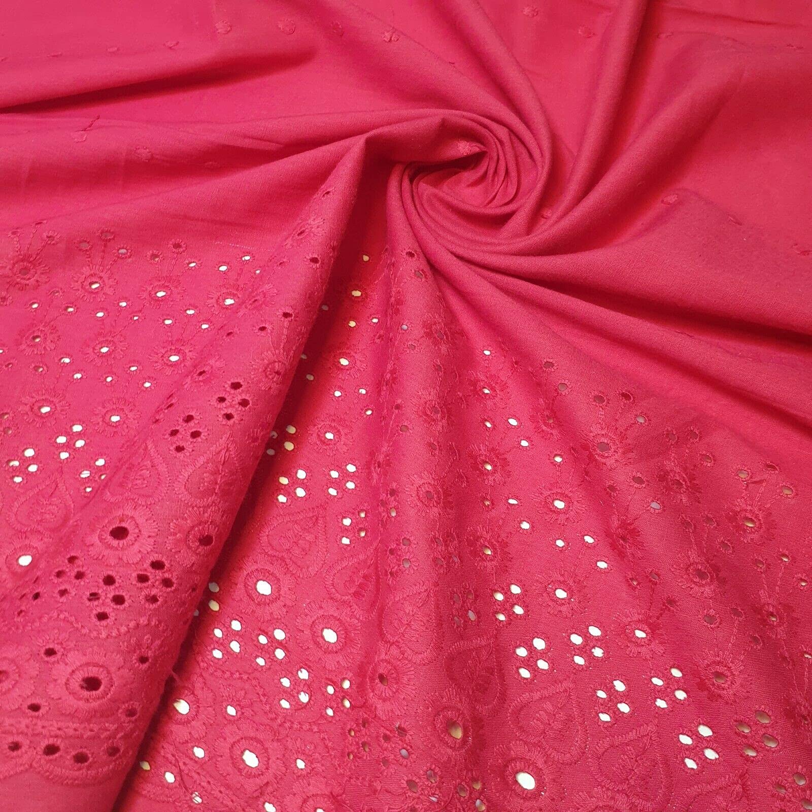 100% Cotton Lawn Border Broderie Anglaise Embroidered Dress Craft Fabric Material 44" - 112 cm Wide Sold As 1 Meter Pre - Cut Lengths (Hot Pink, 1 Meter)