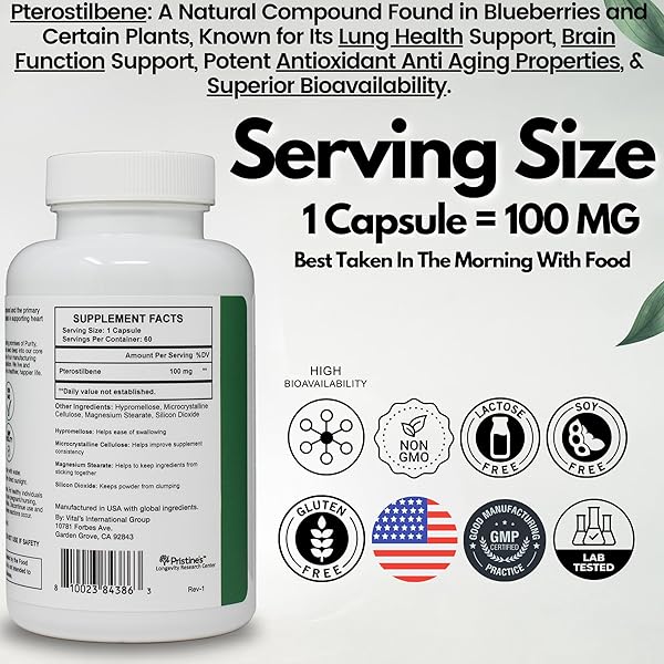 PRISTINE’S PTEROSTILBENE 100MG ANTI AGING SUPPLEMENT CAPSULES – 60 DAY SUPPLY – LUNG HEALTH & MENTAL CLARITY ANTIOXIDANT – HIGH BIOAVAILABILITY VEGAN NON GMO