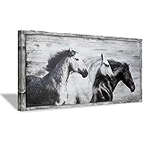 Horse Picture Wall Art Painting: Large Animal Gray and White Horse Print Wood Artwork with Handcraft Rustic Wooden Framed ( 4