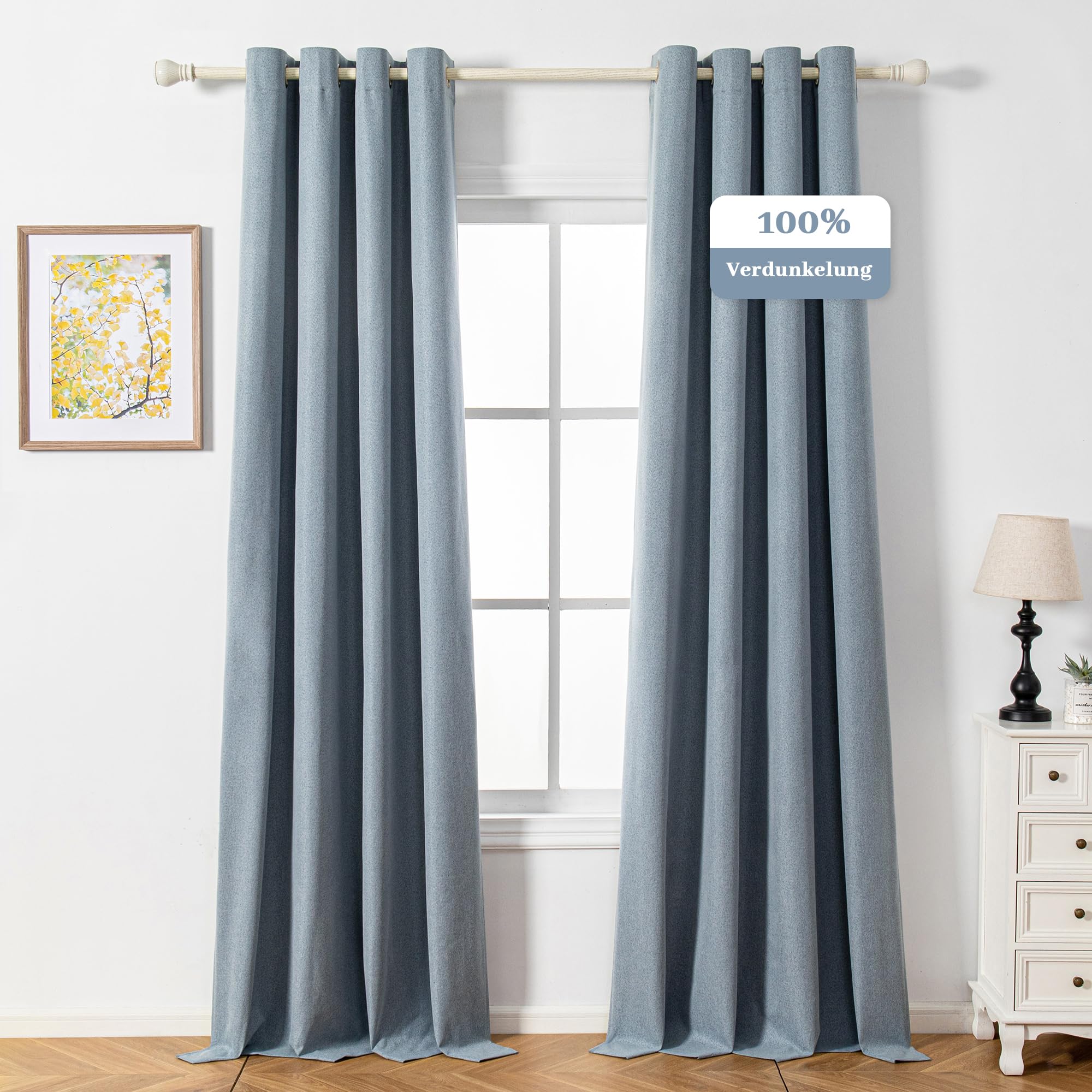 MYSKY HOME Opaque Curtain with Eyelets, Cold Protection, Blackout Curtains, Linen Look, Opaque Curtain for Living Room, Grey Blue, Set of 2, H 260 x W 140 cm