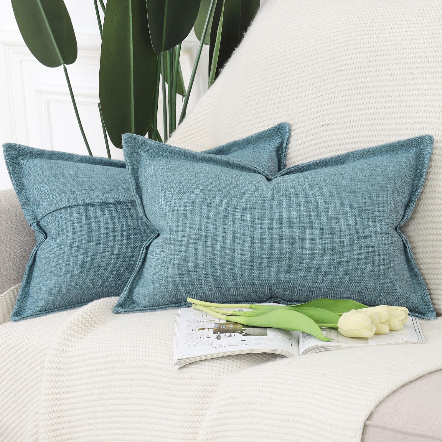 Madizz Set of 2 Faux Linen Cushion Covers with Broad Edge Soft Boho Decorative Pillow Cases for Sofa Bedroom Modern Pillow Shell 12x20 inch, 30x50 cm Blue