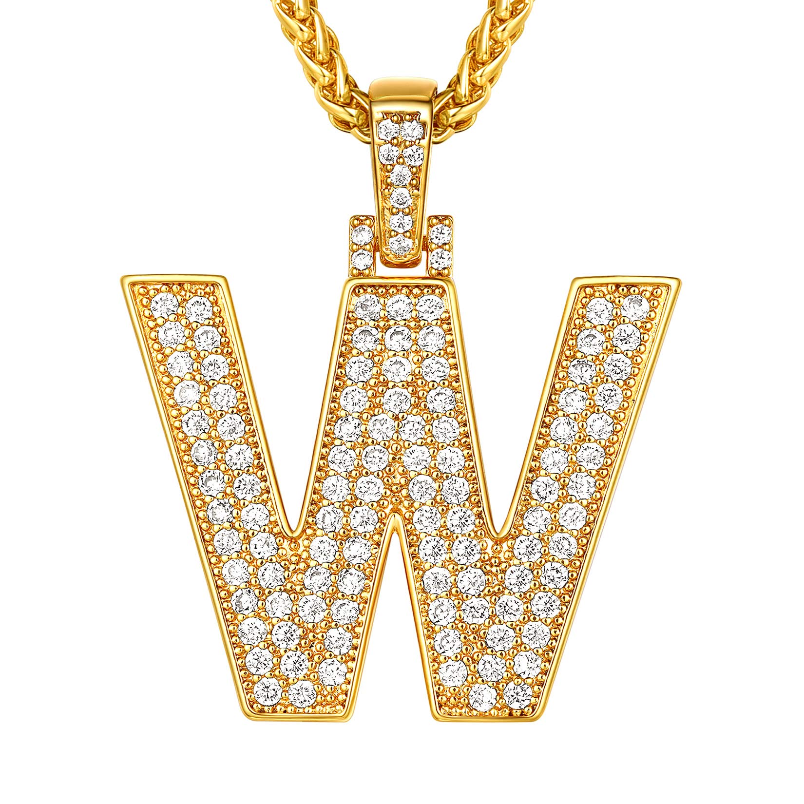 Suplight Necklace Initial W, Bling Hip Hop Jewelry, Gold Plated Micro Pave Cubic Zirconia A-Z Alphabet Letter Pendant Necklace for Men Boys — image 1