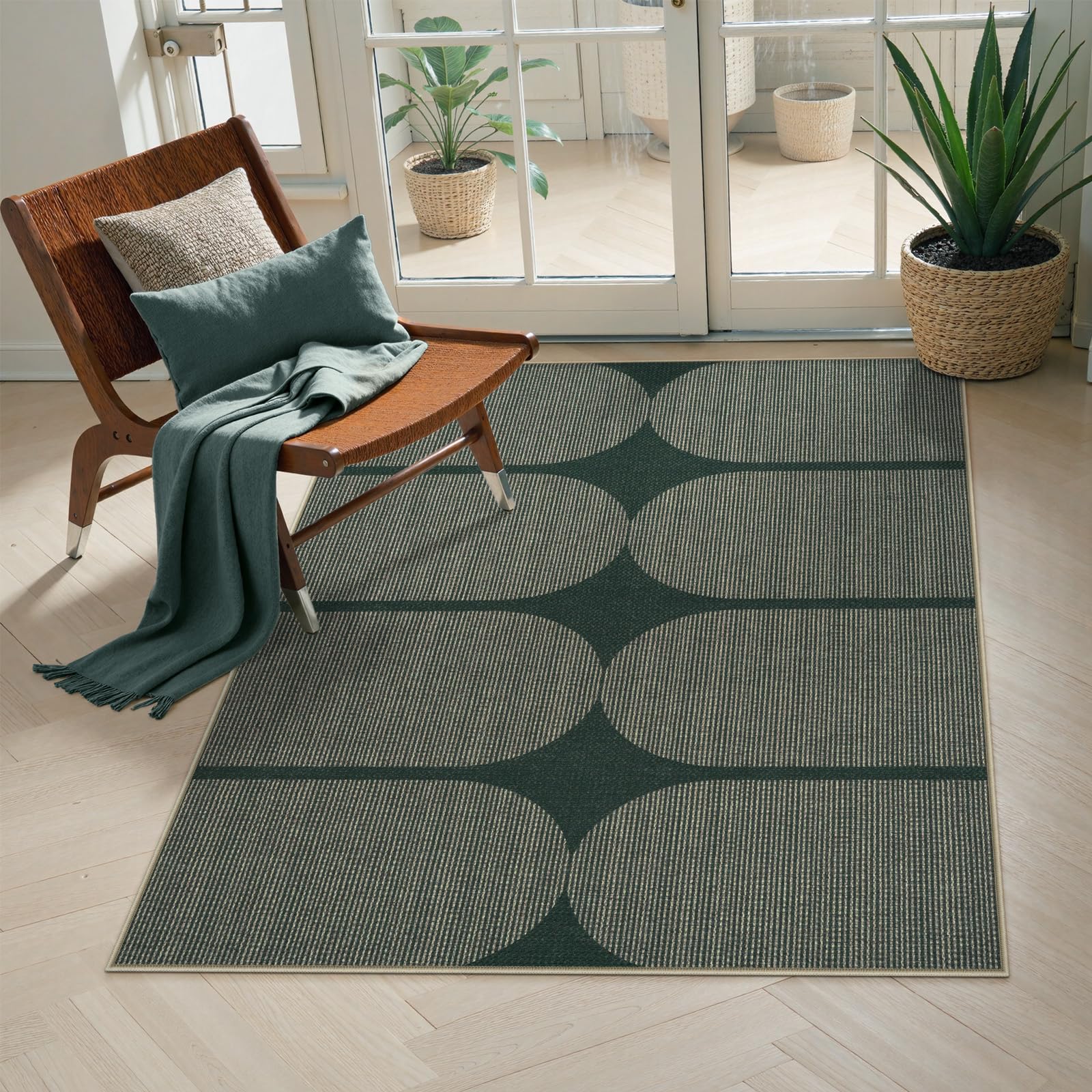 Photo 1 of LIVEBOX Modern Rainbow Easy Jute Rug, 3x5 Outdoor Patio Rugs Washable Rugs for Entryway Farmhouse Classroom Office Rug, Non Slip Indoor Door Mat Porch Carpet for Guestroom Decor (3'x5', Stripe Green)