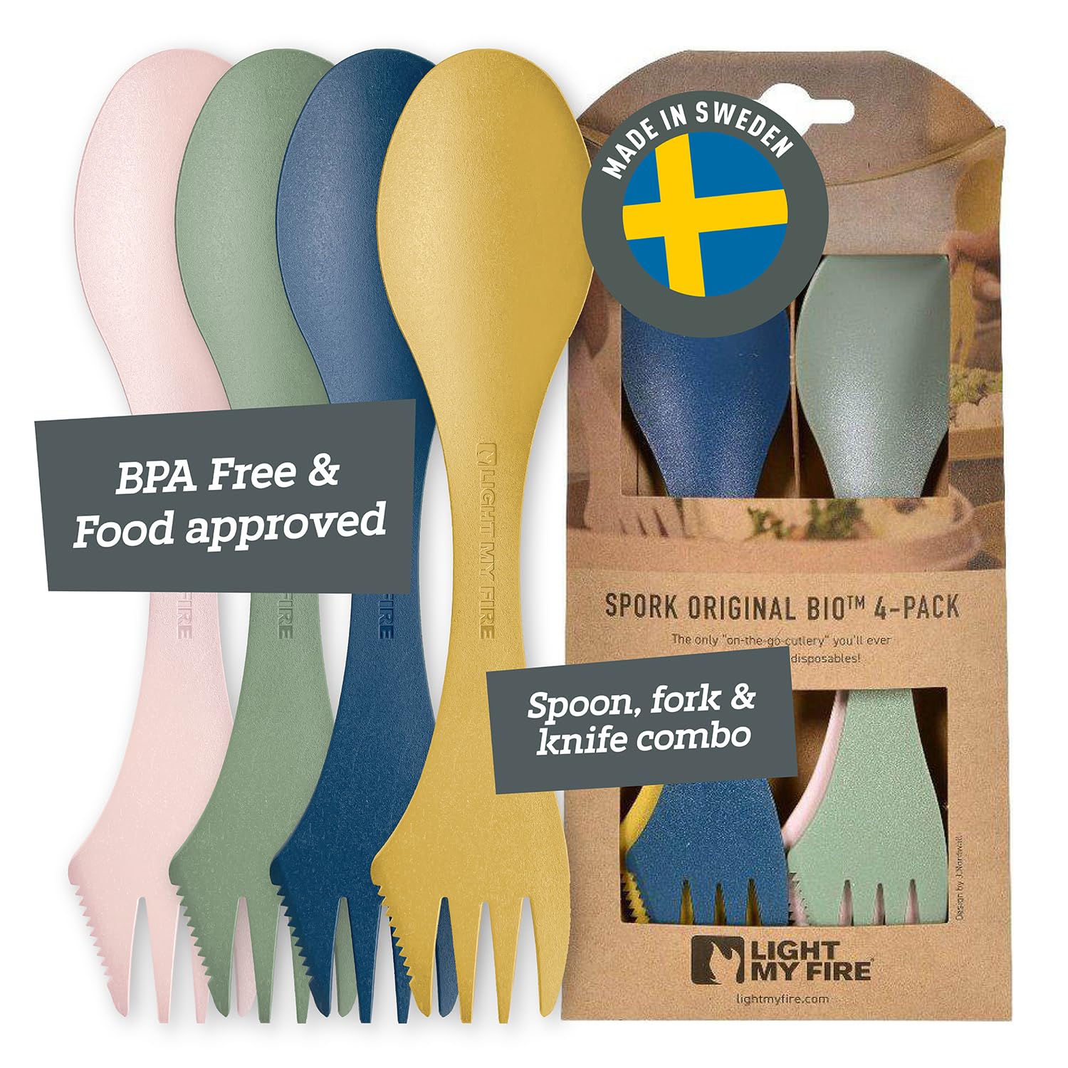 Light my Fire Spork Original 3-in-1 Camping Cutlery Knife Fork Spoon Set Survival Gifts for Scouts Camping Accessories Sporks Reusable Travel Cutlery Set 4-Pack Nature — image 1