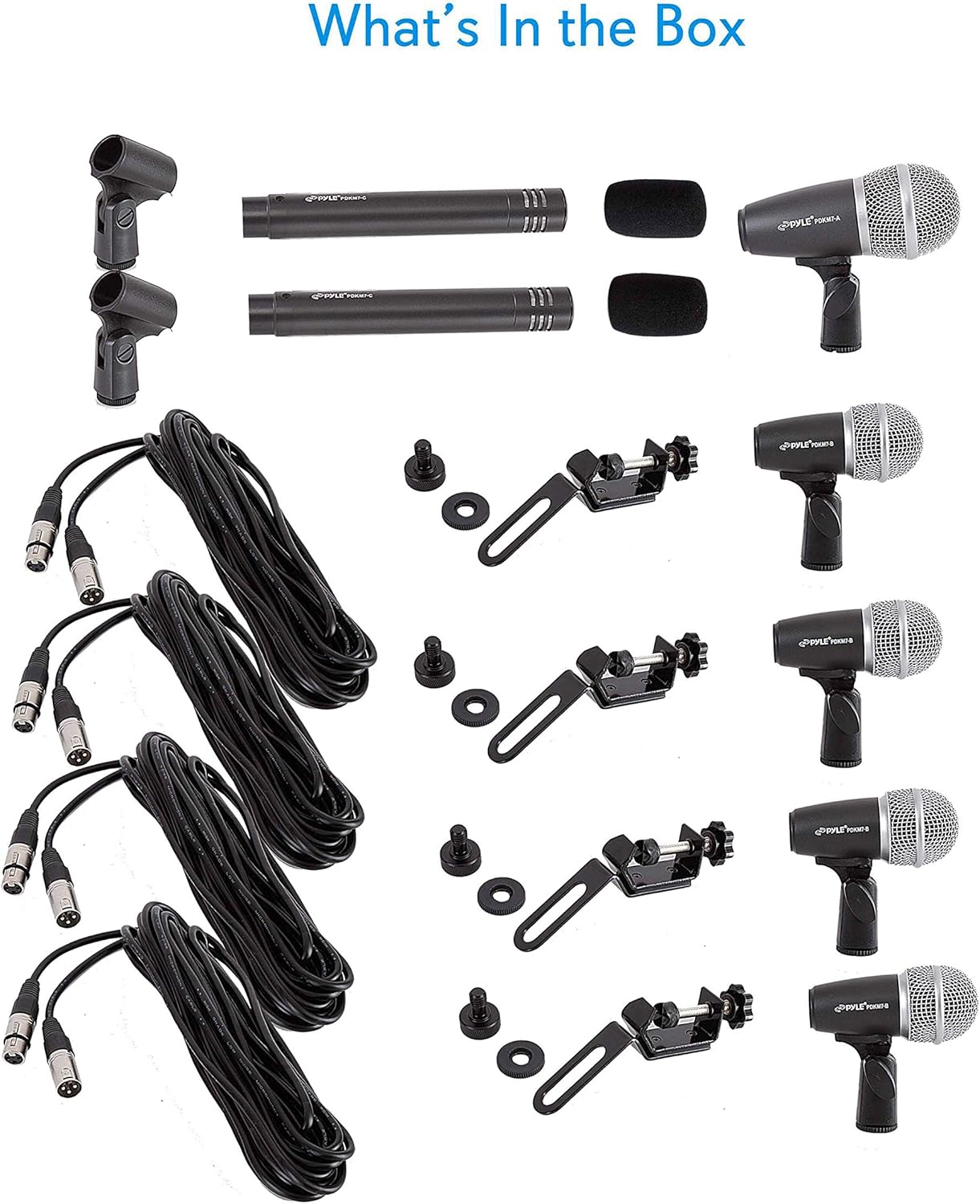 Dynamic Condenser Drum Microphone Kit - Kick Bass, Tom/Snare, and Cymbal 7-Piece Wired Mics Set - For Drums, Voice, Percussion Instrument - Mount, Thread Insert, Mic Holder, Case - Pyle PDKM12
