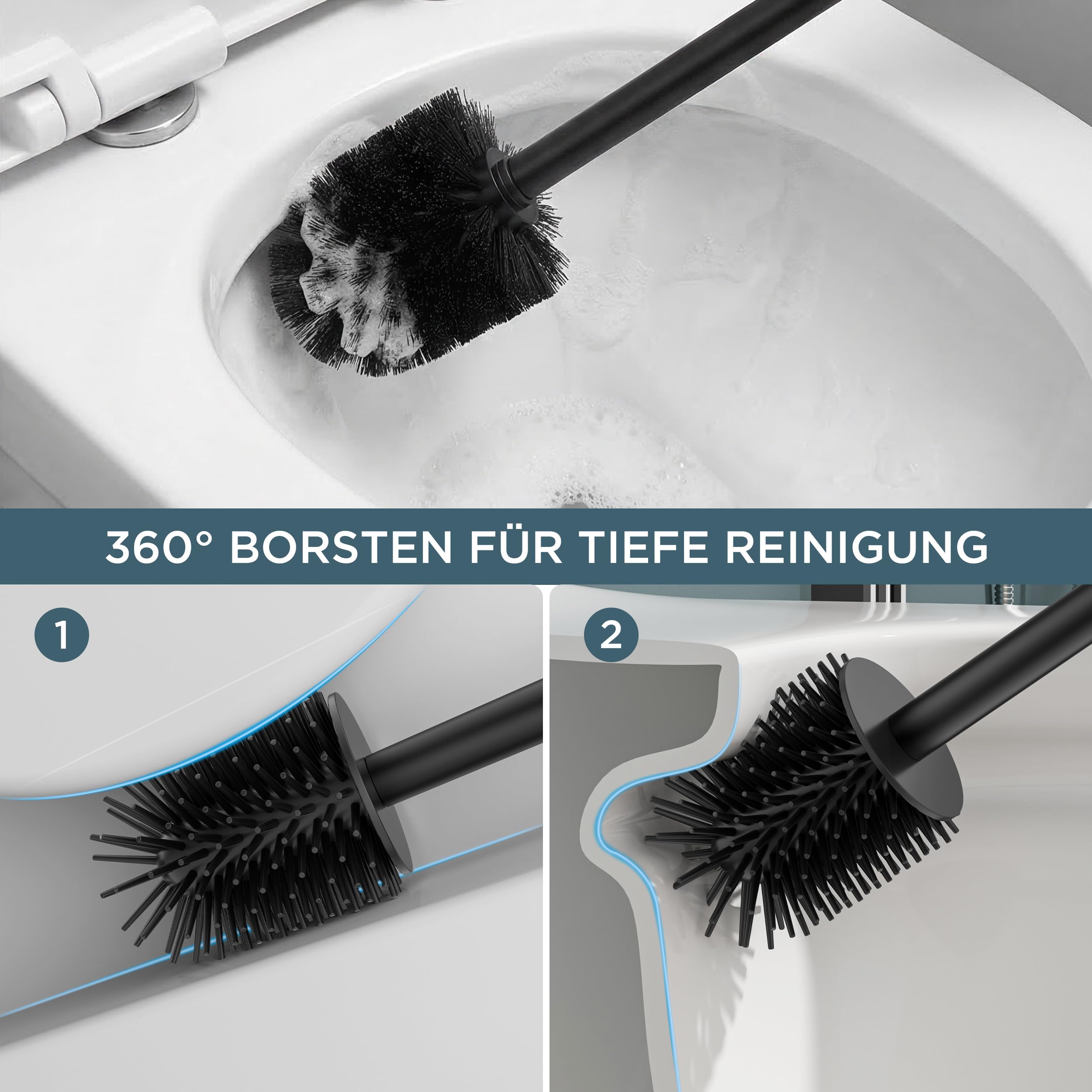 FORIOUS Silikon Toilettenbürste aus Edelstahl, 50 cm Extra Langer Griff, Anti-Spritz Design, Inkl. Ersatzkopf & Abnehmbarem Innenbecher – Saubere, Hygienische WC Bürste/Klobürste Schwarz für Bad 5
