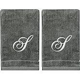Monogrammed Towels Fingertip, Personalized Gift, 11 x 18 Inches - Set of 2- Silver Embroidered Towel - Extra Absorbent 100% Cotton- Soft Velour Finish - For Bathroom/ Kitchen/ Spa- Initial S (Gray)