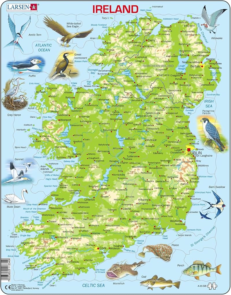 Larsen A23 Ireland Jigsaw Puzzle Topographic Map 65 Pieces - Educational,