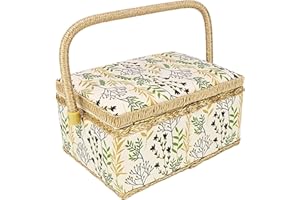 COMFECTO Sewing Basket Large with Complete Sew Accessories Included Wooden Beginners Sewing Kit with Removable Tray Tomato Pincushion for Mending, Beige Leaf