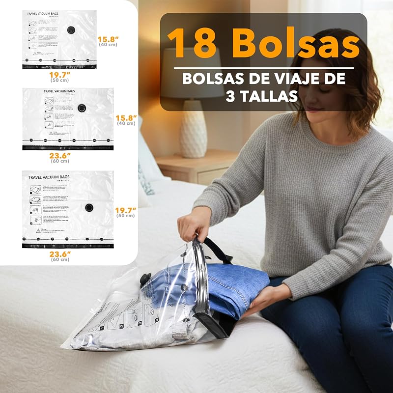 Bolsas Vacío Ropa Viaje con Bomba de Vacío Inalámbrica, 18 Bolsas — foto 4 de 5