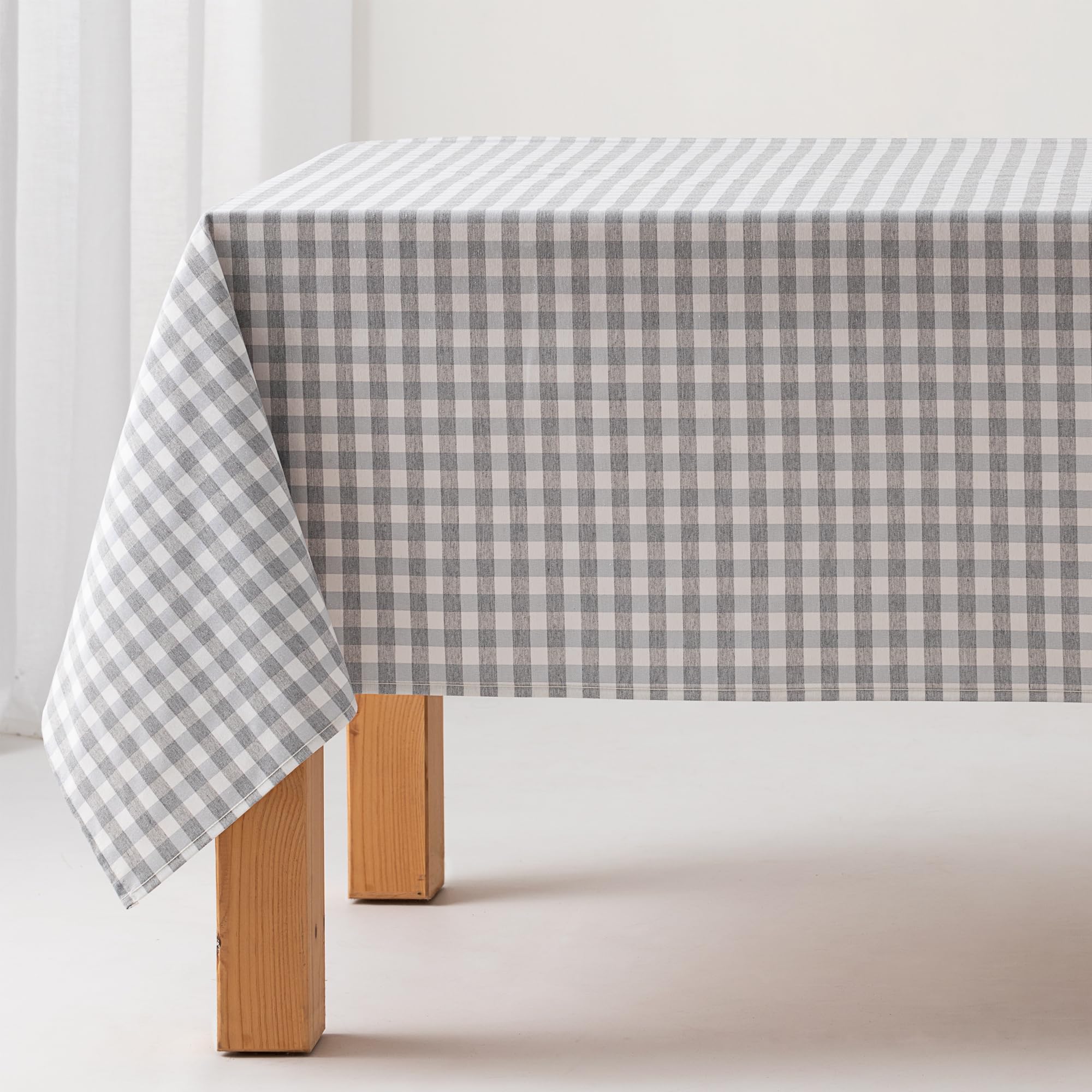 Stain-Resistant Gingham Tablecloth, Cotton, Fabric Touch, 140 x 300 cm, Light Grey