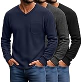 August Alley 3 Pack Men's Waffle Thermal Long Sleeve Shirts V Neck Lightweight Tops Casual Pullover Undershirts with Pocket