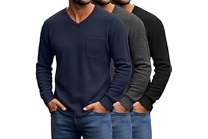 August Alley 3 Pack Men's Waffle Thermal Long Sleeve Shirts V Neck Lightweight Tops Casual Pullover Undershirts with Pocket