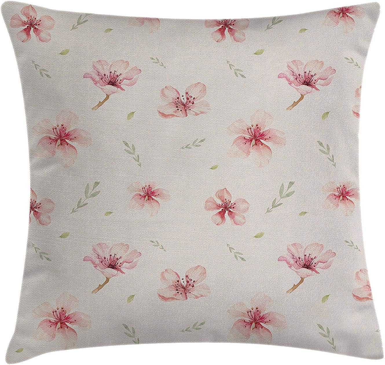 WITHY Dusty Rose Throw Pillow Cushion Cover, Vintage Pattern of Cherry Blossoms Ornate Spring Garden Inspired, Decorative Square Accent Pillow Case, 18 X 18 inches, Dusty Rose Pale Green