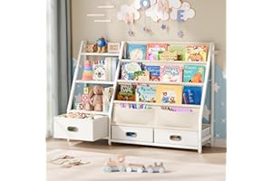POZILAN Kids Bookshelf and Toy Storage - 3 Tier Toddler Book Shelf for Kids Rooms, Children Baby Bookshelf with 3 Drawers, To