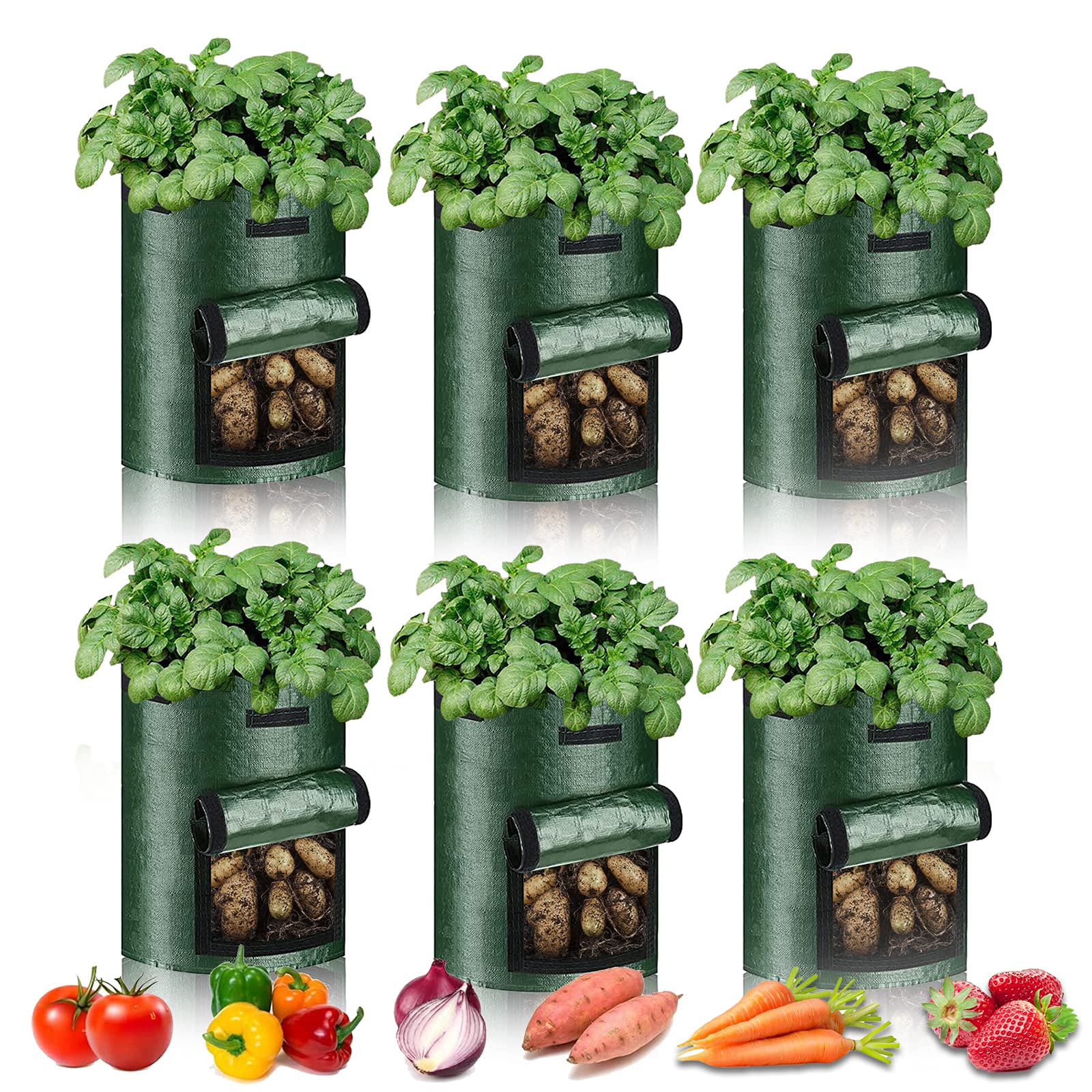 PfiHom Potato Grow Bags 10 Gallon-6 Packs, Growing Potatoes Tomato Carrot & Other Vegetable, Heavy Duty Thickened Garden Growing Bags with Window and Handles (Dark Green)