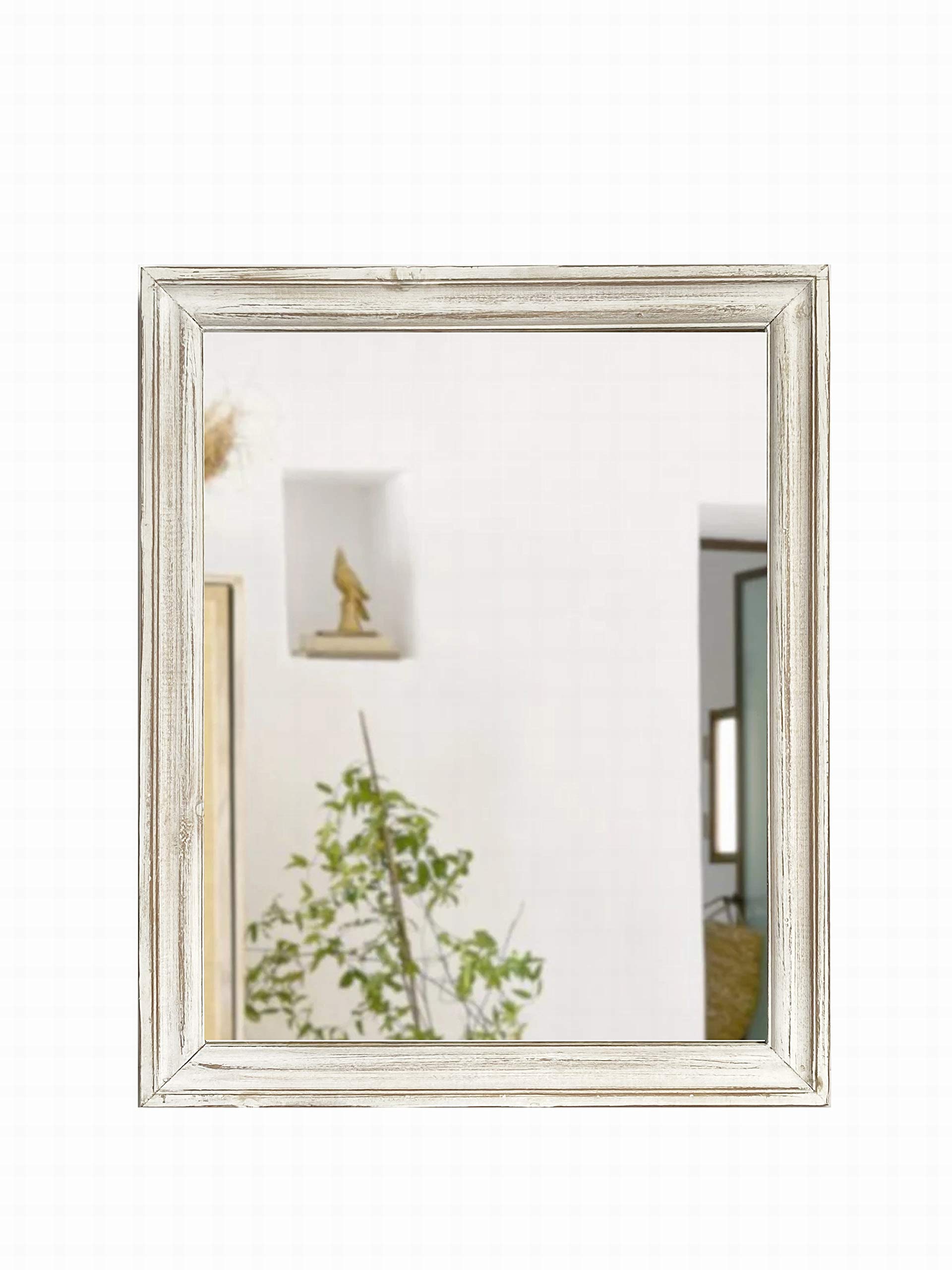 Wood Frame Wall Mirror 16x20 inches | Rustic Farmhouse Mirror Decor | Vertical or Horizontal Hanging | Living Room Bathroom (Distressed White)