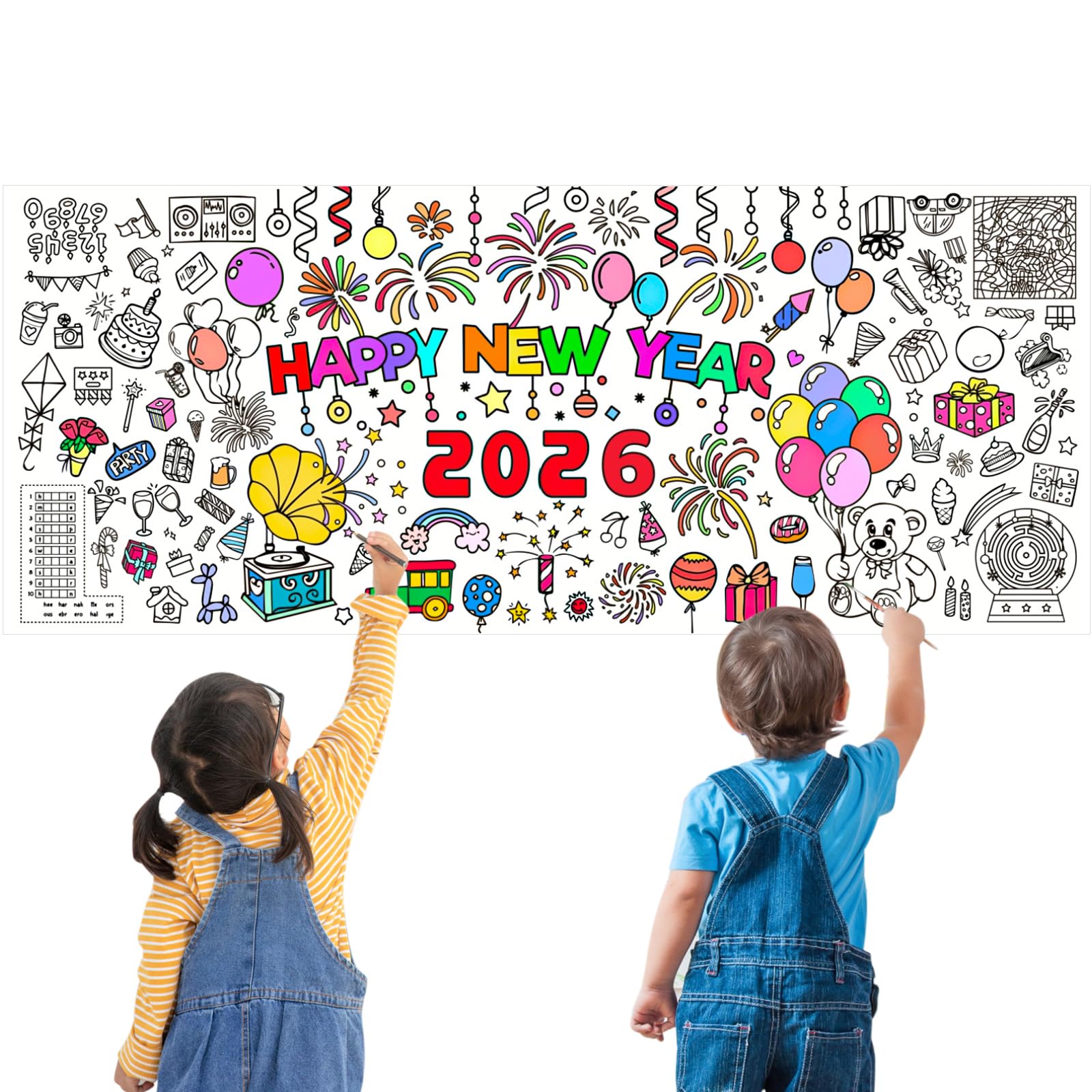 PHOGARY 2 Pcs New Year Giant Coloring Poster, 30 x 72 Inches Jumbo Coloring Paper Tablecloths Colouring Roll for Christmas Activities Crafts, 2026 New Year Eve Party Supplies Home Decoration