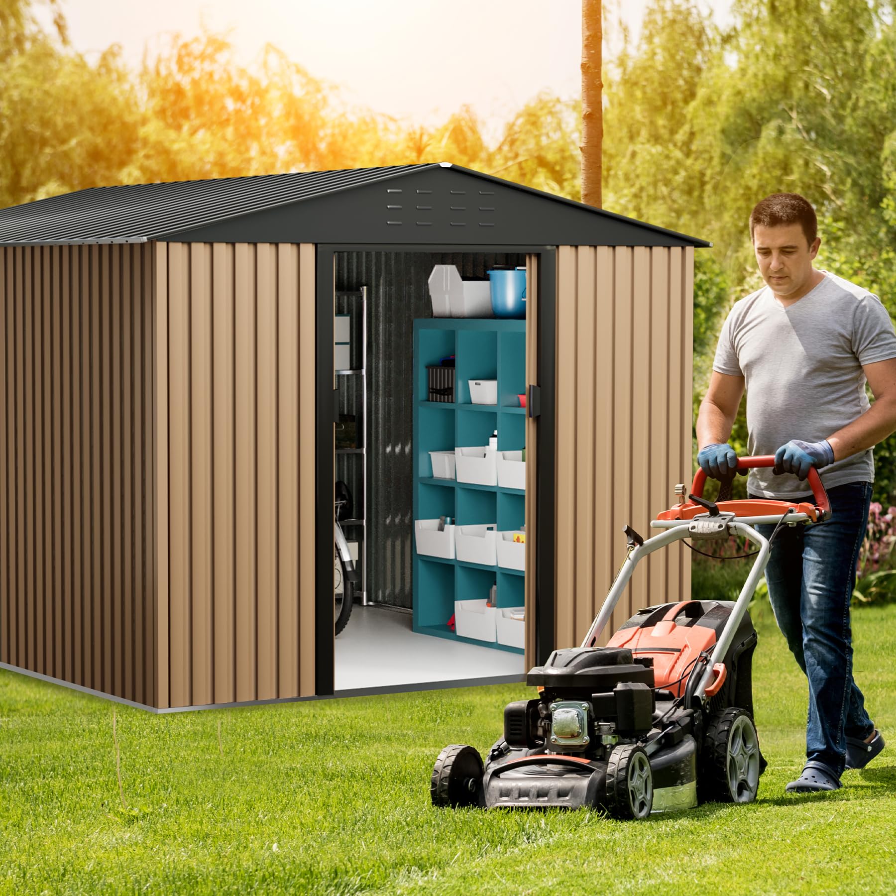 View 7 of (4/3/2026 ***FINAL SALE/NO RETURN, SOLD AS PARTS***) 10FT x 8FT Metal Garden Shed, Outdoor Storage Shed, Metal Utility Tool Shed with Door Lock, Waterproof Roofs, for Backyard Garden Patio Lawn, Brown