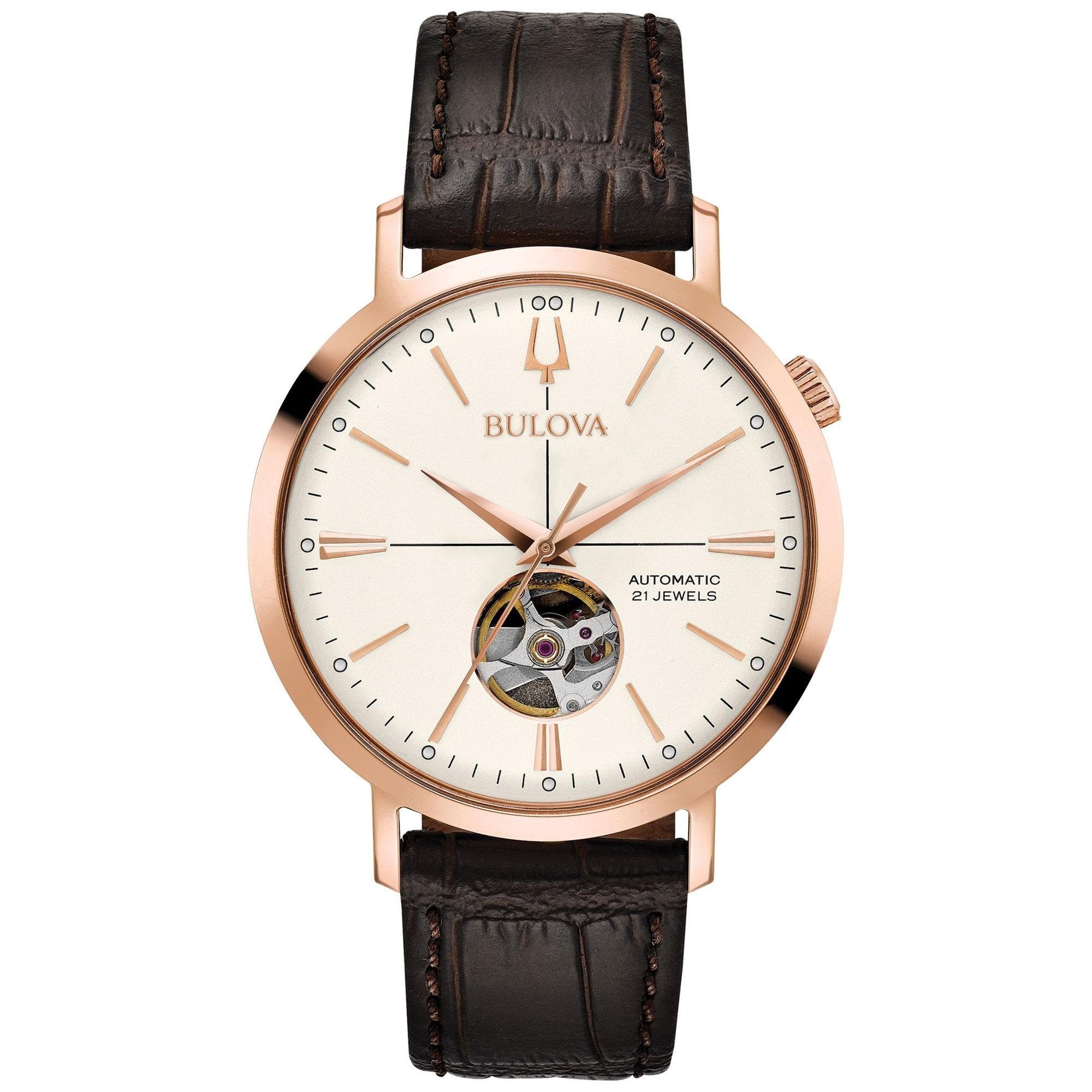 Bulova Reloj clásico Aerojet automático de 3 manecillas con correa de cuero, apertura abierta, reserva de marcha de 40 horas, cristal mineral doble curvado, 41 mm