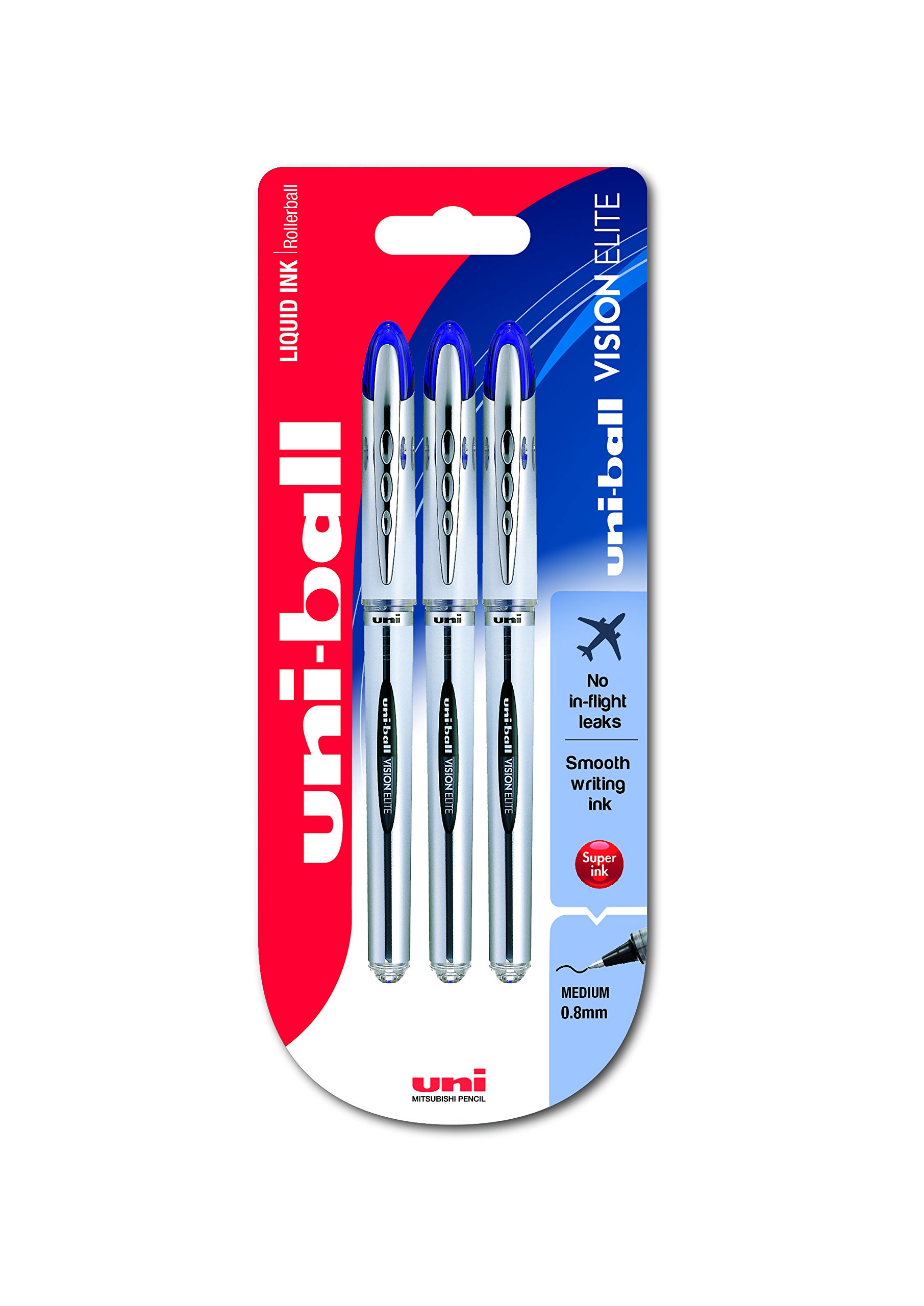 Uni-ball UB-200 Vision Elite Medium Rollerball Pens, 0.8mm Ball, Blue Gel, 3 Pack
