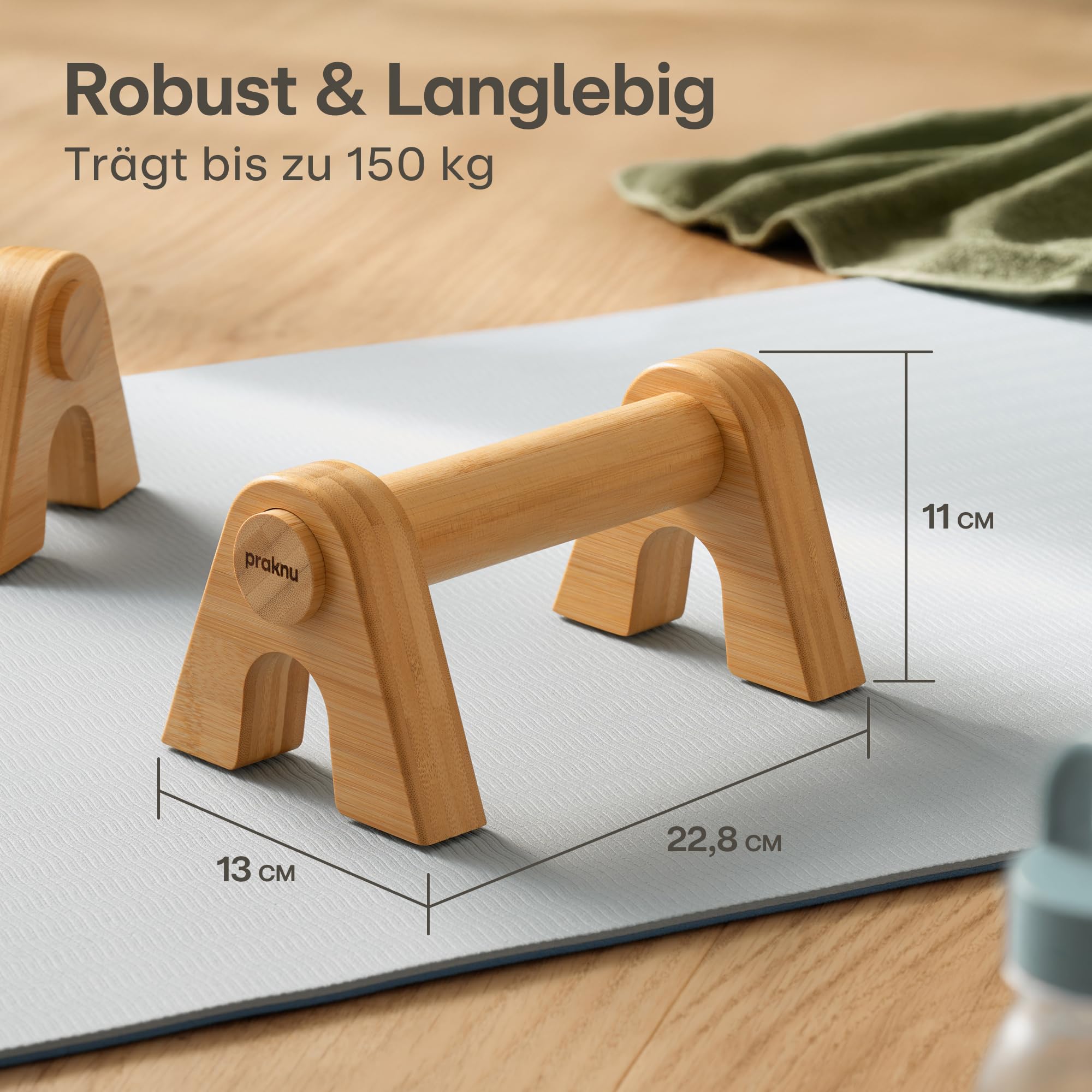 Praknu Liegestützgriffe aus Holz - 2x Rutschfeste Parallettes mit Tasche - Ergonomische Dip Barren für Fitness & Liegestütze - Calisthenics Equipment Für Zuhause & Outdoor – Push Up & Handstand Griffe 4