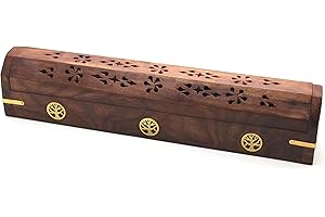 Govinda® Wooden Coffin Incense Burner - 12" Tree of Life - Brass Inlays - Storage Compartment