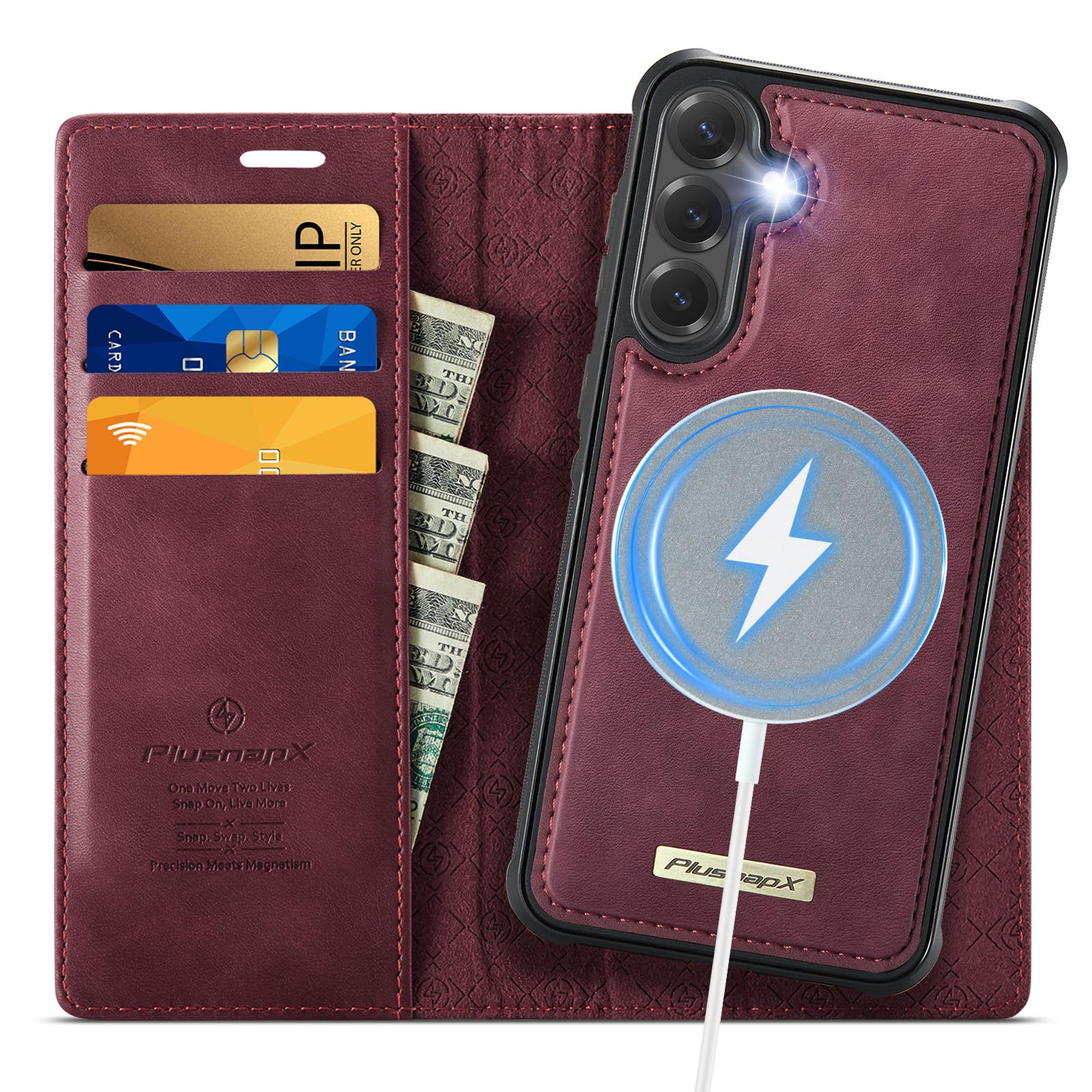 PlusnapX Wallet Case for Samsung Galaxy S25 Compatible with Magsafe, 2-in-1 PU Leather Flip RFID Blocking Card Holder Stand Shockproof Magnetic Detachable Cover for Galaxy S25 Case 6.2", Burgundy