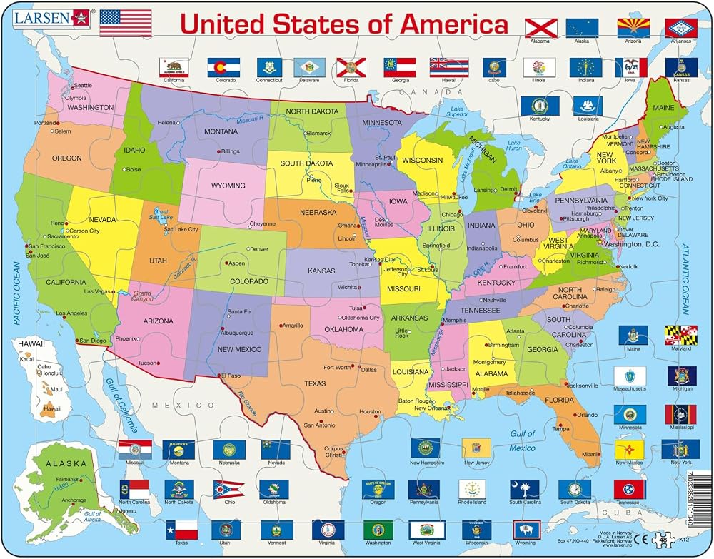 Larsen K12 US Political Map 48pc Tray Jigsaw Puzzle Kids Age 4+ Flags Capitals