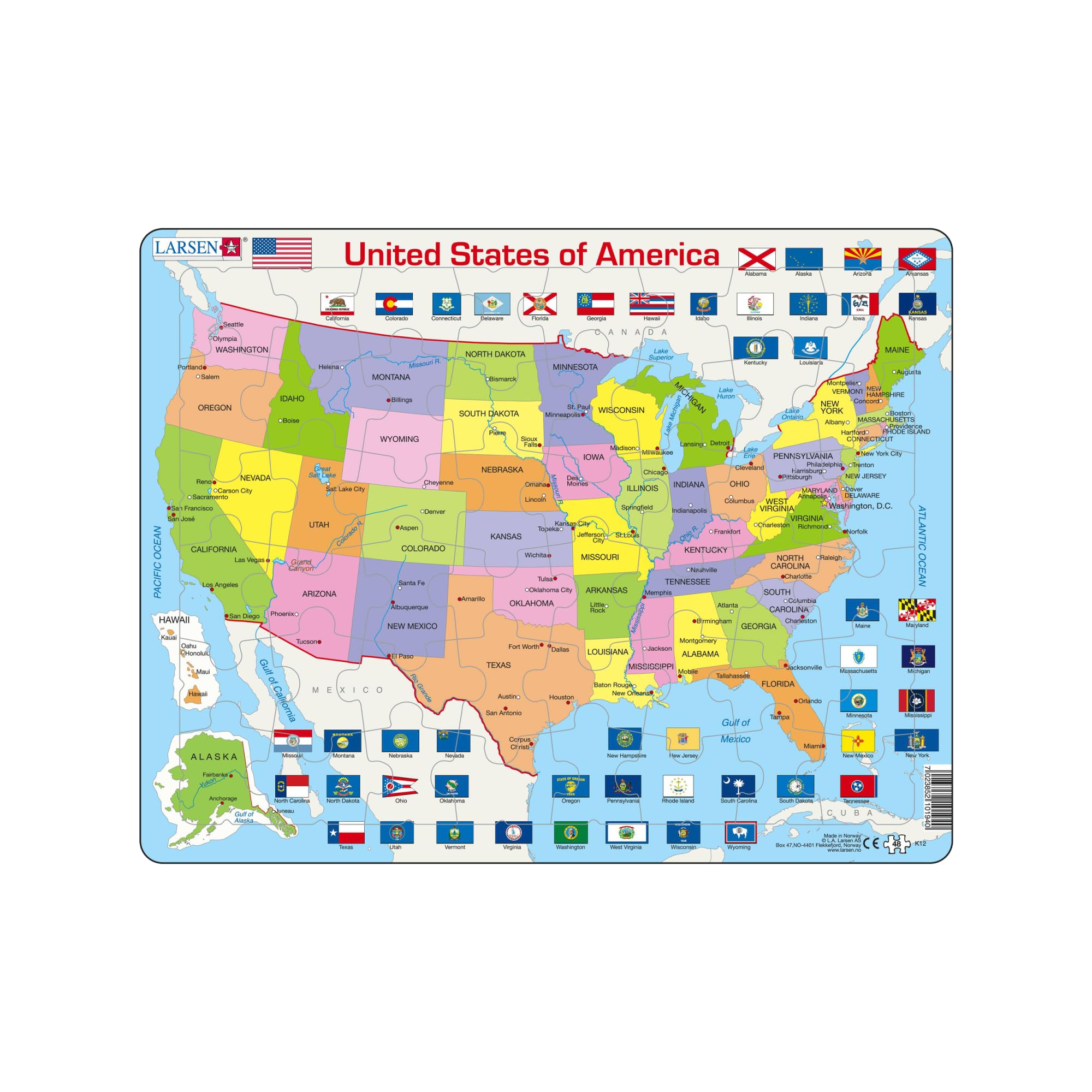 Larsen K12 United States Political Map – 48-Piece Boxless Tray Jigsaw Puzzle – Educational Geography Learning for Kids Age 4+ – Includes State Flags & Capitals – English Edition