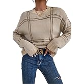 FOTKLAX Women's Pullover Knit Sweater Plaid Crew Neck Long Sleeve Knitted Cute Trendy Cozy Sweaters for Fall and Winter