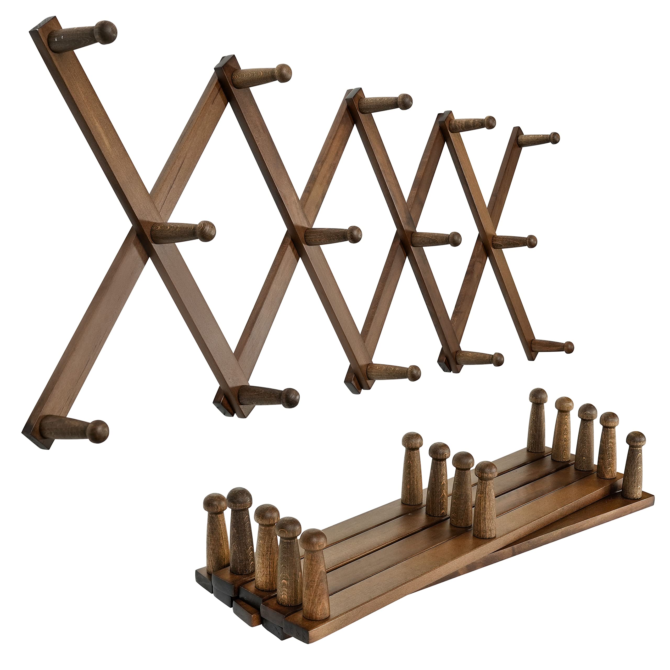 SKOLOO Accordion Wall Hanger, Expandable Coat Rack Wall Mounted, Solid Wooden Wall Hat Rack, 14 Peg, Pack of 2, Walnut