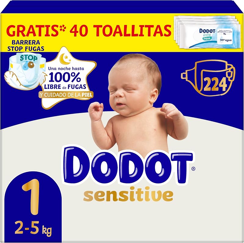 Fraldas dodot sensitive baby tamanho 1 (2-5 kg), 224 fraldas +, absorção dodot e proteção da pele, pacote mensal