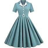 Women 1950s Vintage Short Sleeve Peter Pan Collar Retro Swing A Line Midi Summer Dress Cocktail Party Evening Prom Gown