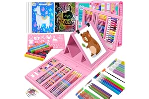 KIDDYCOLOR Kids Art Set, Drawing Art Supplies for Girls & Boys Ages 4-8 with Watercolor Cakes, Oil Pastels, Colored Pencils, Ideal Gift for Young Artist, Pink-217pcs