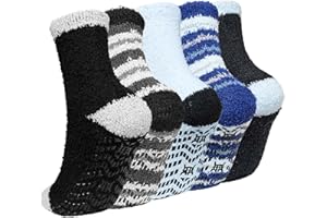 ZAKASA Fuzzy Socks for Men with Grips Winter Warm Thick Mens Slipper Socks Fluffy Cozy Non Slip Grippers Socks 5 Pairs