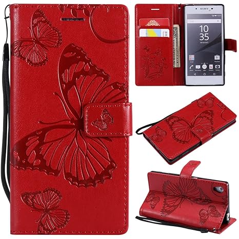 Hozor Sony Xperia Z5 Handyhülle, Retro Großer Schmetterling Muster PU Kunstleder Ledercase Brieftasche Kartenfächer Schutzhül