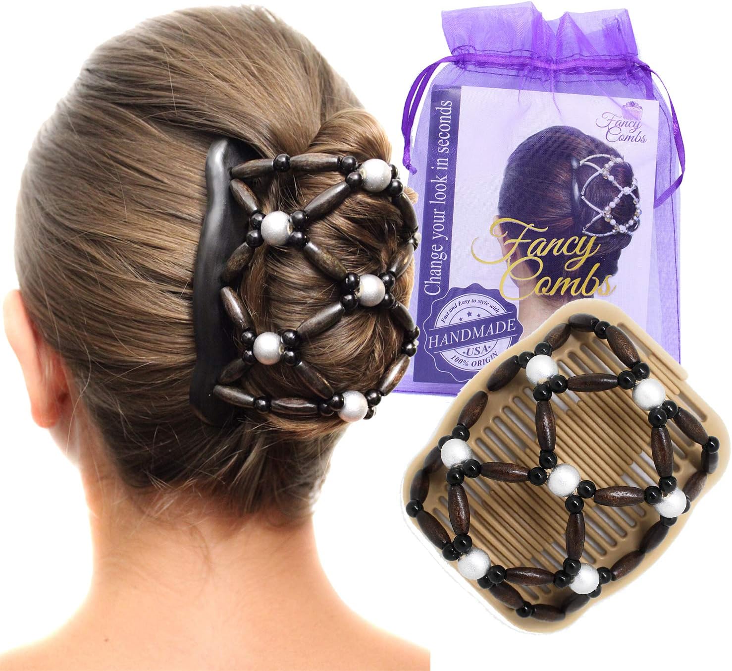 Fancy Combs Thick Hair Clip Bun Holder - Hair Accessories for Women Combs Clips - Natural Wooden Beaded Double Magic Hair Combs – Instant Bun Maker, Easy Updo, French Twist Holder, Combs Interlock under Your Hair, Secure Hold All Day.