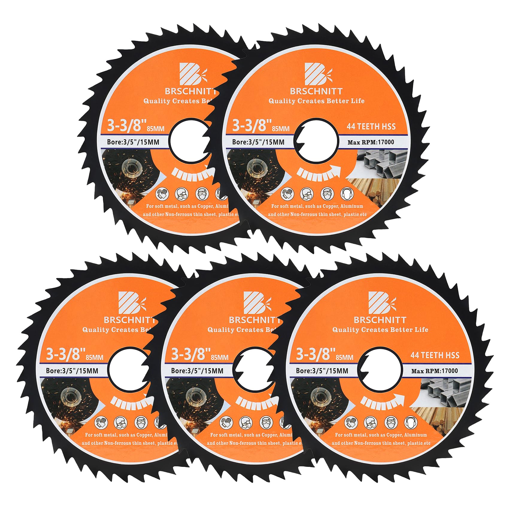 HSS Circular Saw Blade 3 3/8inch - BRSCHNITT 5pcs 44T 3/5"-3/8" Bore Cutting Discs for Cutting Wood, Copper, Aluminum, Plastic and Soft Metal