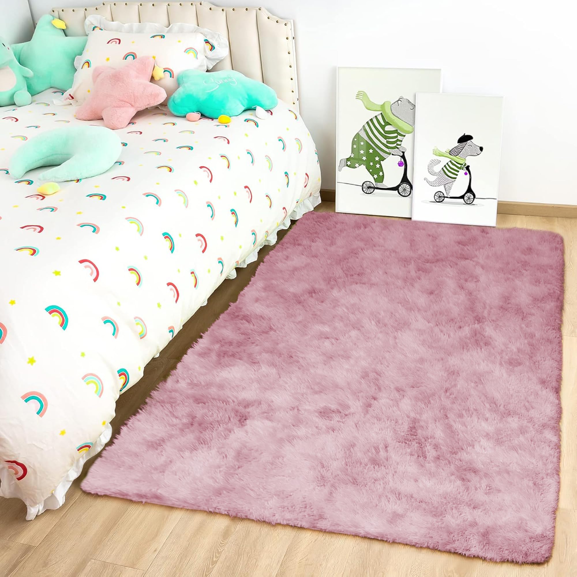 Oxford Homeware Rugs Living Room 60x110 cm – Tie-Dye Pink Lilac Area Rugs for Bedroom Anti Slip – Modern Super Soft Plush Carpets Fluffy Shaggy Rug for Lounge – Non Shedding Kids Bedside Rug