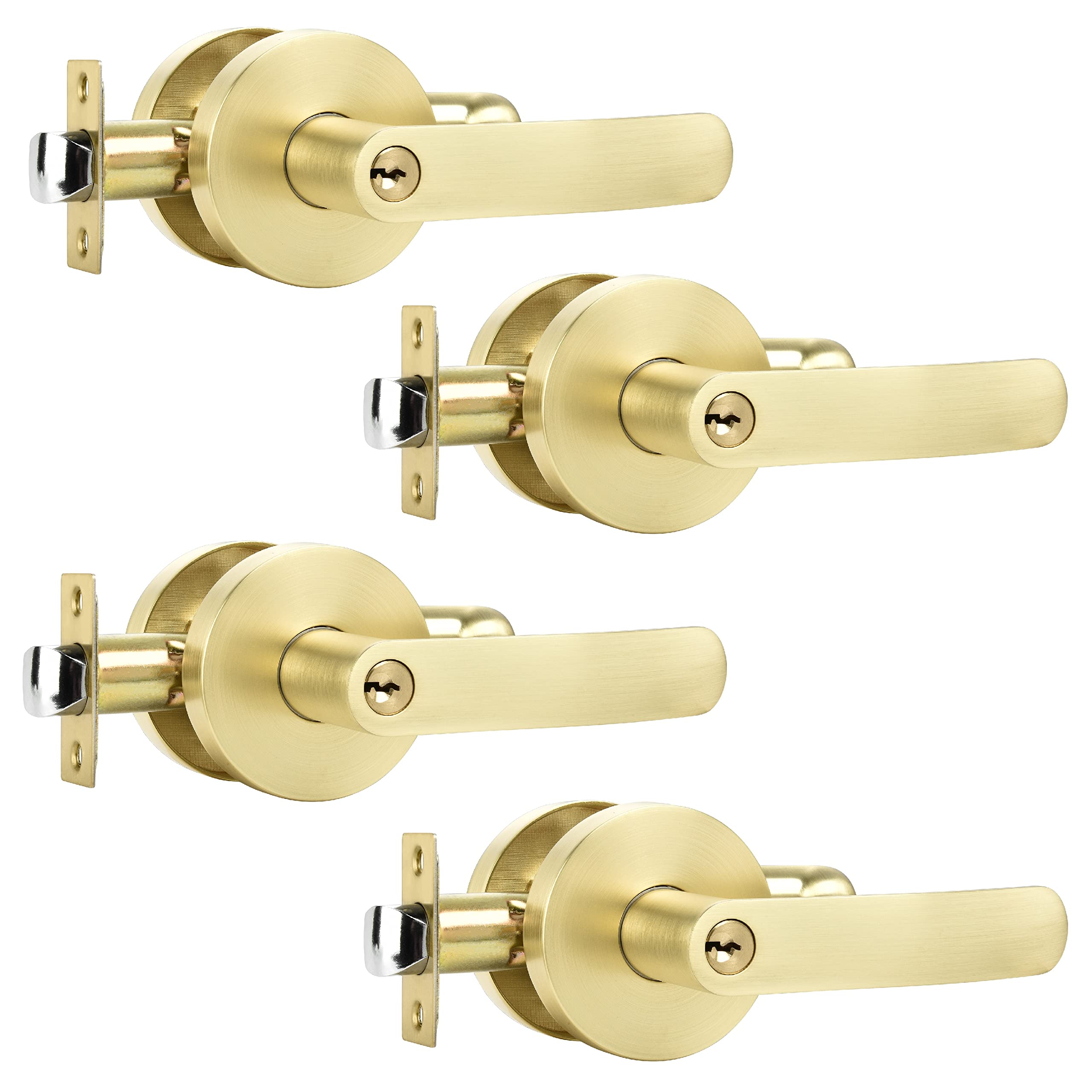 Photo 1 of Leydebong 4 Pack Door Handle Light Gold Entrance Door Levers (Keyed Alike) Heavy Duty Interior Door Knobs Round Front Door Locks Reversible for Right/Left Handles