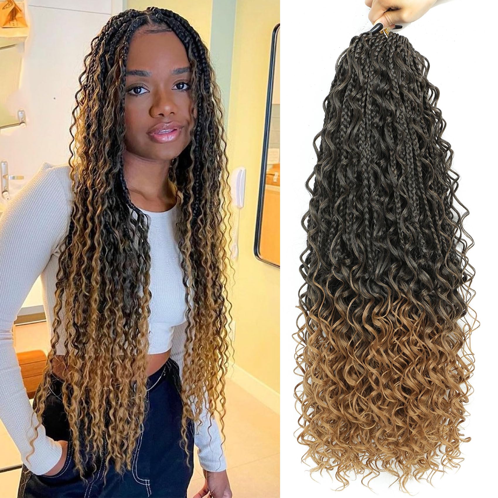 Photo 1 of LIYATE 7 Packs Crochet Box Braids 24 Inch Boho Crochet Hair for Black Women Bohomian Crochet Braids Synthetic Pre Looped Goddess Box Braids Crochet Braiding Hair with Curly Ends, 1B/27
