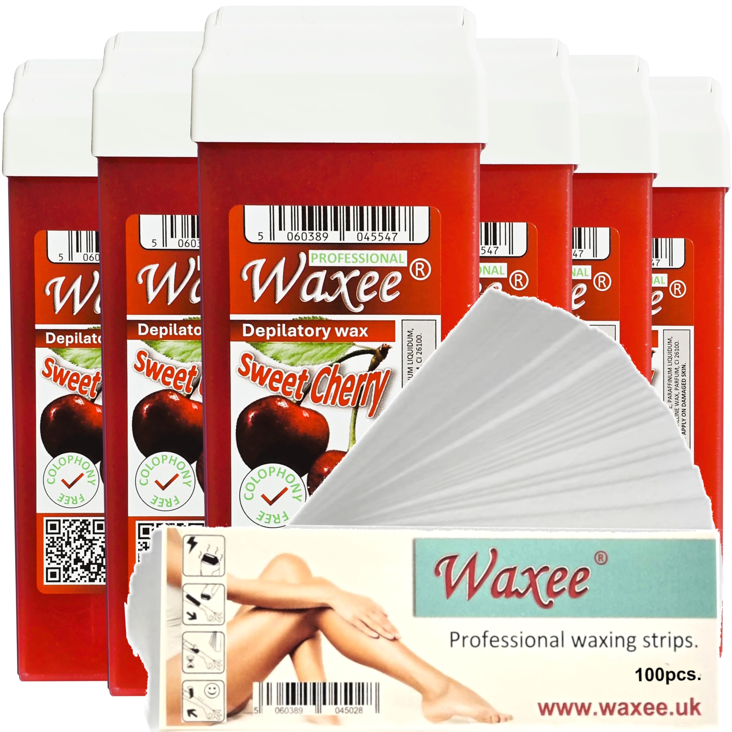 6x 100ml roll-on wax roller wax cartridge refill + 100 waxing strips from UK brand Waxee! Sweet Cherry.