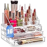Masirs Clear Makeup Organizer - 16-Compartment Cosmetic and Jewelry Holder with 4 Drawers - Vanity Storage Box for Makeup, Skincare, Accessories, and Jewelry Display
