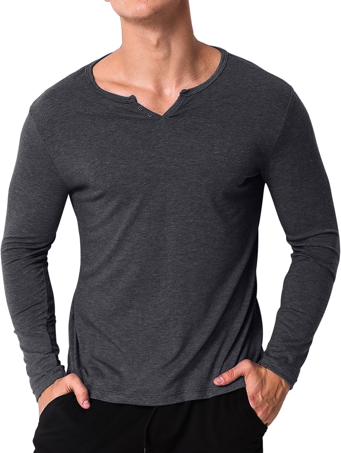 MODCHOK Men's Casual Henley T-Shirts Long Sleeve Slim Fit V Neck Basic Undershirt Tee Tops