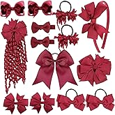 School Hair Accessories Set 14 Pcs Uniform Hair Bow Headband Clips Hair Ties Curly Korker Bows for Little Toddler School Girls (Burgundy)