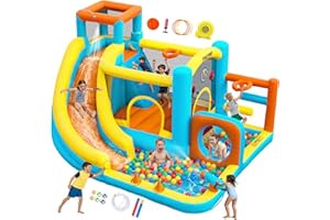 FINCOME Bouncy Castles for Kids, Bounce House with Inflatable Water Slide for Kid Indoor & Outdoor, Water Park with Water Can