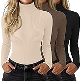 Velvelhall 3 Pack Women’s Ribbed Turtleneck Tops Long Sleeve Cotton Stretch Shirts Slim Fit Base Layer Undershirt Tees